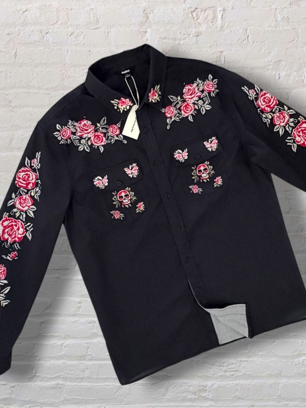 OUKU Men’s L Black Western Shirt Rose Skull Floral Cowboy Button Up NWT - Picture 6 of 13